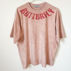 Aelfric Eden Pink Butterfly Skeleton Short Sleeve Shirt Mens Small Faux Suede